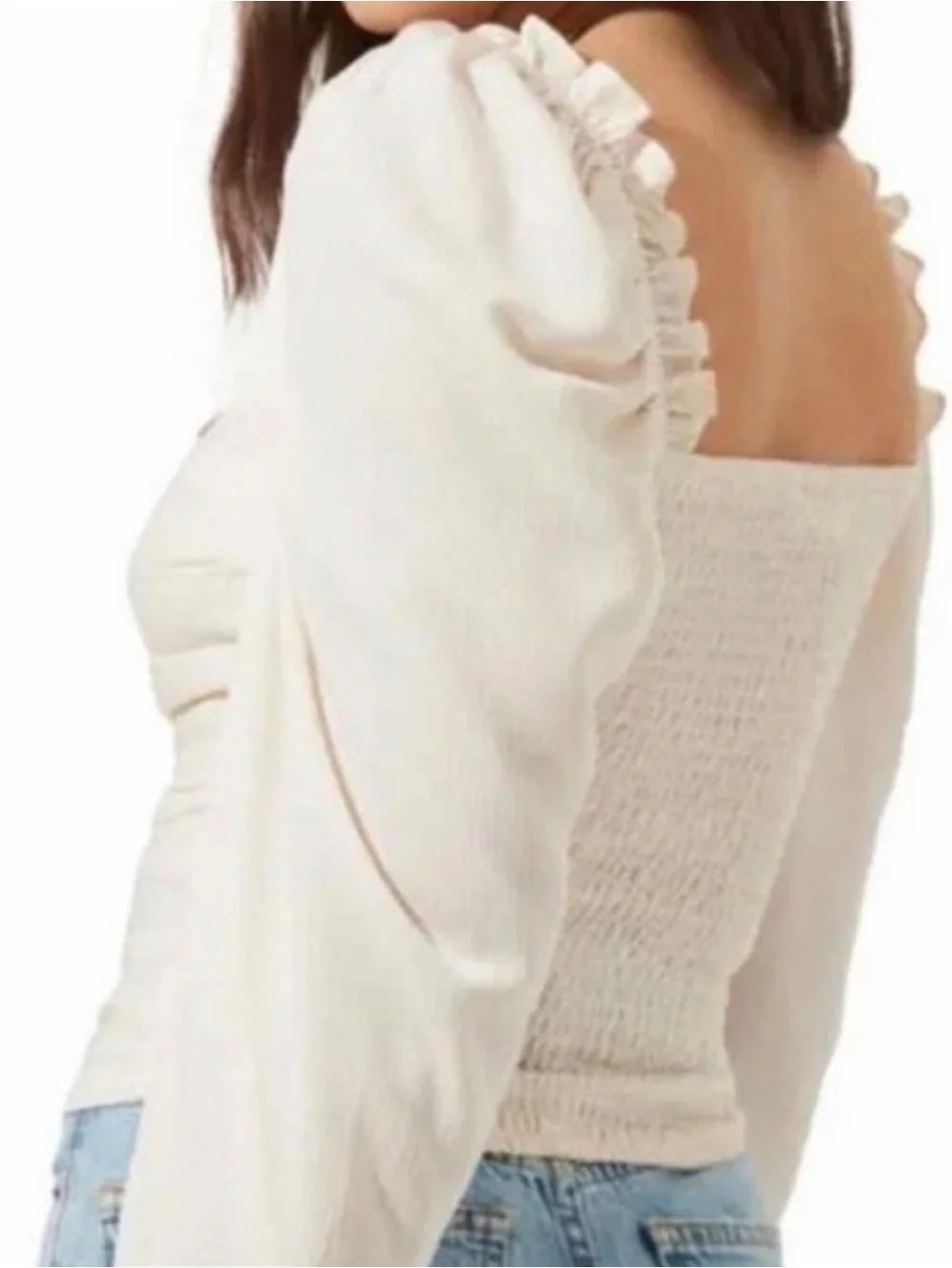 Astr The Label Cream Ruched Square-Neck Puff-Sleeve Blouse NWT Large